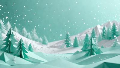 The primary subject of the image is a snowy mountain landscape with trees. The setting is a wintery environment with snow covering the ground and trees. The visual style is a combination of digital art and illustration, creating a realistic and visually appealing scene. The colors and mood are predominantly blue and white, giving the image a serene and tranquil atmosphere.
